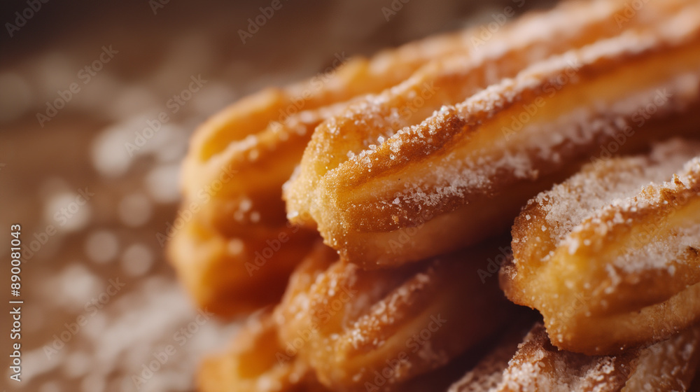 Close-up to a tasty and crunchy Spanish churros with sweet powder and sugar on a plate Close-up to a tasty and crunchy Spanish churros with sweet powder and sugar on a plate
