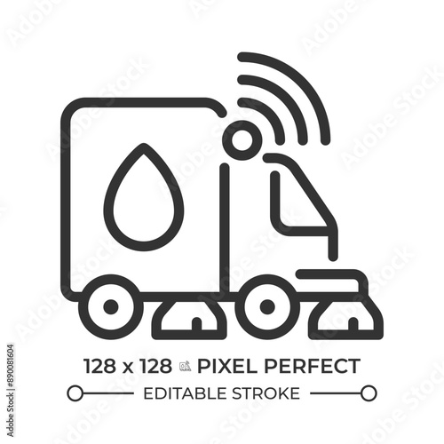 Street sweeper pixel perfect linear icon. Public health, vacuum truck. Cleaning transport. Sensor technology. Thin line illustration. Contour symbol. Vector outline drawing. Editable stroke