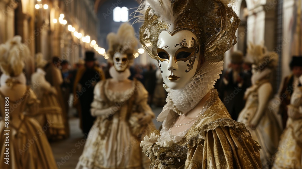 Elegant Masquerade Ball with Ornate Costumes and Masks in a Grand Historic Venue Elegant Masquerade Ball with Ornate Costumes and Masks in a Grand Historic Venue