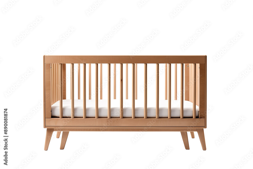 A Simple Wooden Crib Awaits a New Arrival on a Clear PNG or White Background. A Simple Wooden Crib Awaits a New Arrival on a Clear PNG or White Background.
