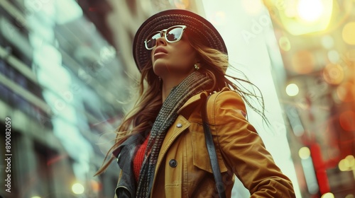 Stylish Woman in Urban Setting Wearing Sunglasses and Hat with Modern Cityscape Background photo