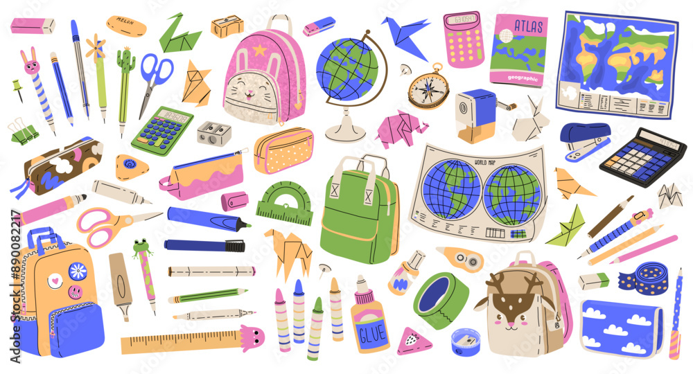 A set of school stationery and items for studying. Cute accessories for students. Items for learning, creativity and hobbies. Vector illustration isolated on transparent background. A set of school stationery and items for studying. Cute accessories for students. Items for learning, creativity and hobbies. Vector illustration isolated on transparent background.
