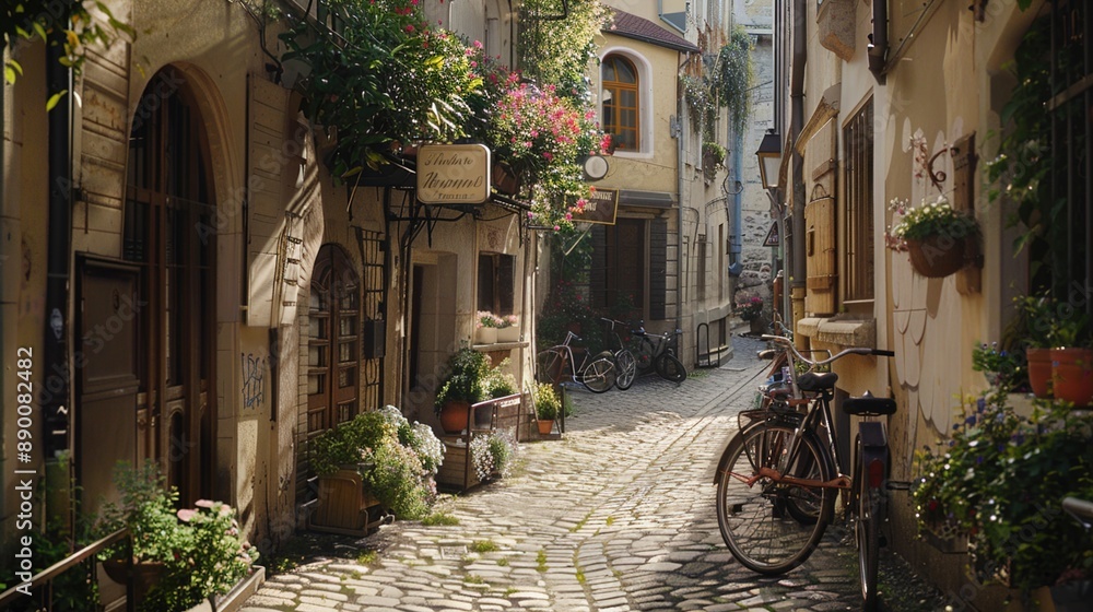 Obraz premium A cobblestone street winding through an old European village, with charming cafes, flower-filled window boxes, and bicycles leaning against the walls.