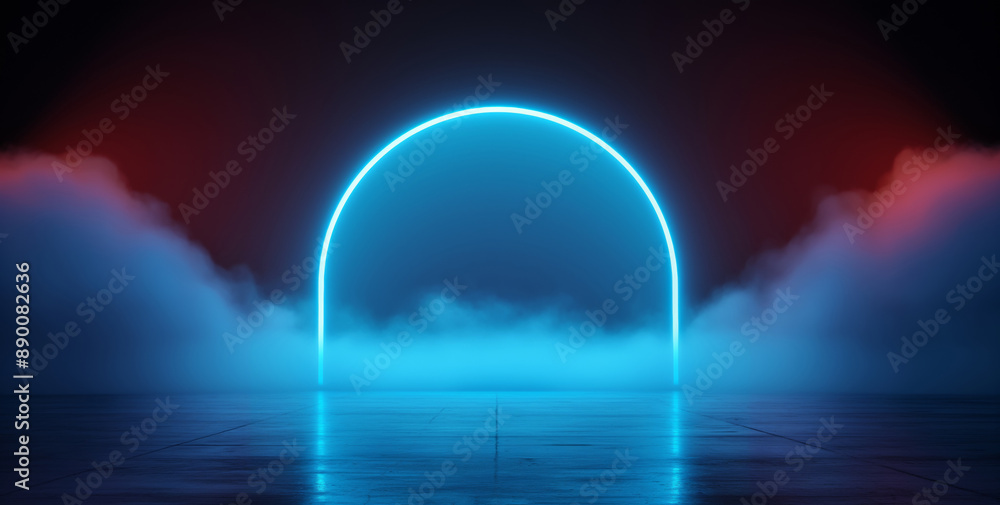 Futuristic Tunnel with Glowing Red and Blue Neon Lights Reflecting on Wet Floor Futuristic Tunnel with Glowing Red and Blue Neon Lights Reflecting on Wet Floor