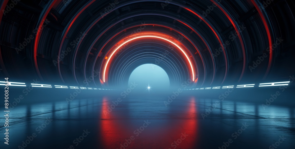 Obraz na plátně Futuristic Tunnel with Glowing Red and Blue Neon Lights Reflecting on Wet Floor