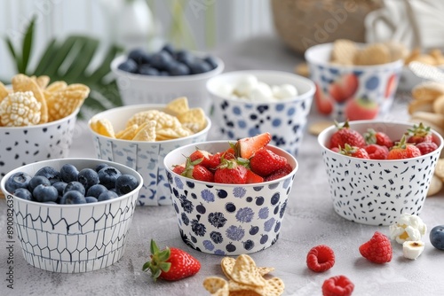 Colorful Snacks and Berries in Patterned Bowls on a Table