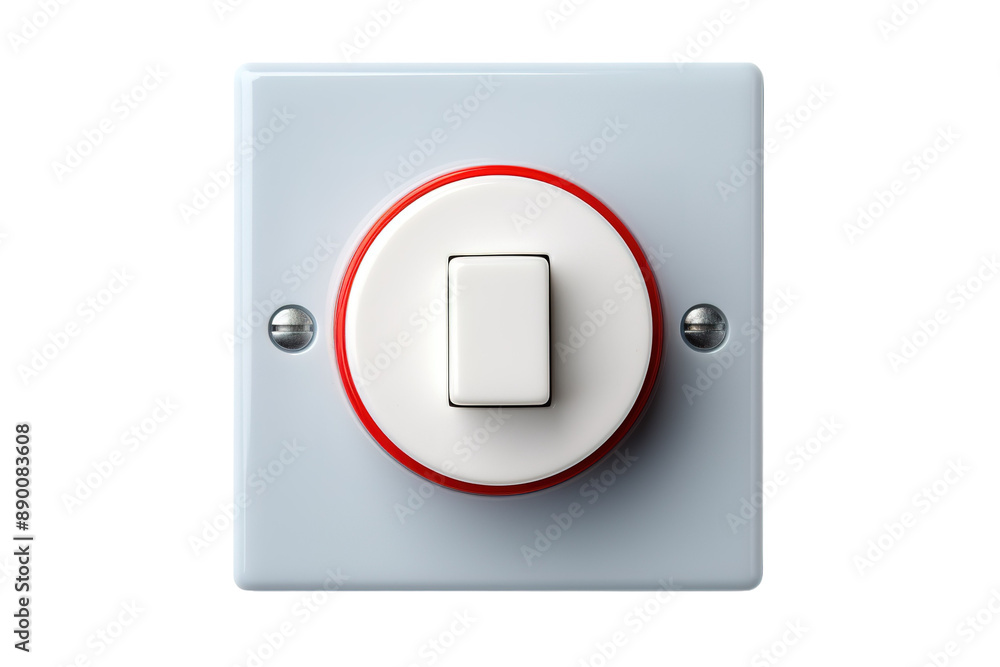 A Close-Up View of a White Light Switch With a Red Ring on a Clear PNG or White Background. A Close-Up View of a White Light Switch With a Red Ring on a Clear PNG or White Background.