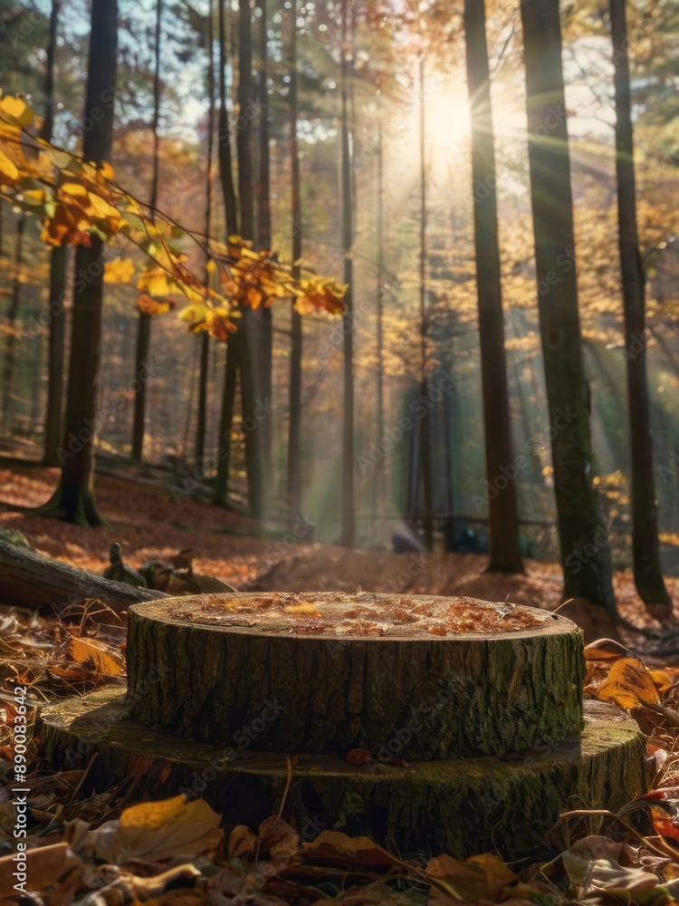 Empty product podium with vibrant autumn forest backdrop and clean daylight Empty product podium with vibrant autumn forest backdrop and clean daylight