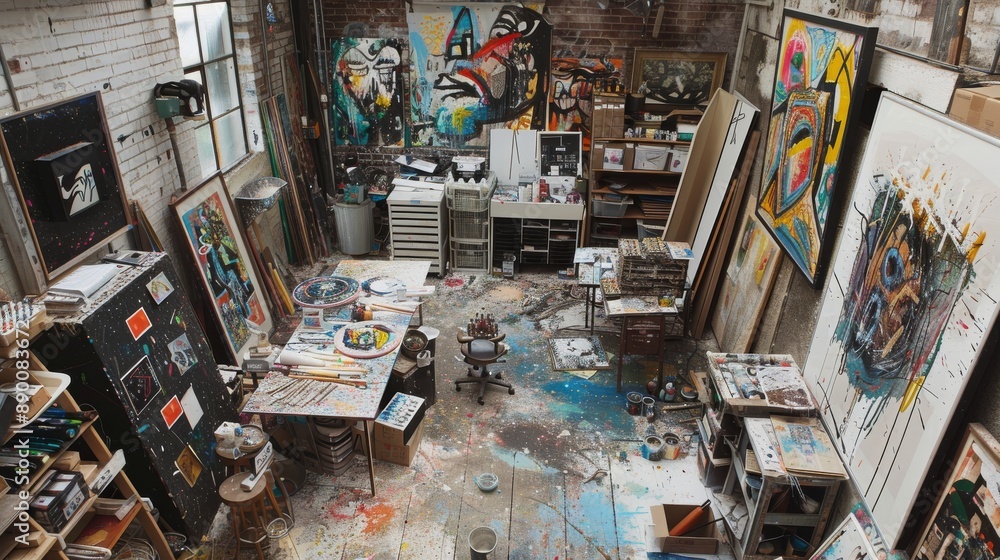 Vibrant Artist Studio with Colorful Abstract Paintings and Creative Clutter in Industrial Loft Space Vibrant Artist Studio with Colorful Abstract Paintings and Creative Clutter in Industrial Loft Space