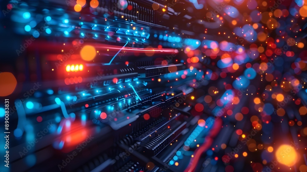 Futuristic High Tech Server Room with Glowing Cables and Digital Data Streams Representing the Backbone of Modern Business Communication Futuristic High Tech Server Room with Glowing Cables and Digital Data Streams Representing the Backbone of Modern Business Communication