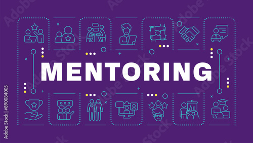 Mentorship dark purple word concept. Professional support. Skill development. Guidance and patronage. Horizontal vector image. Headline text surrounded by editable outline icons. Hubot Sans font used