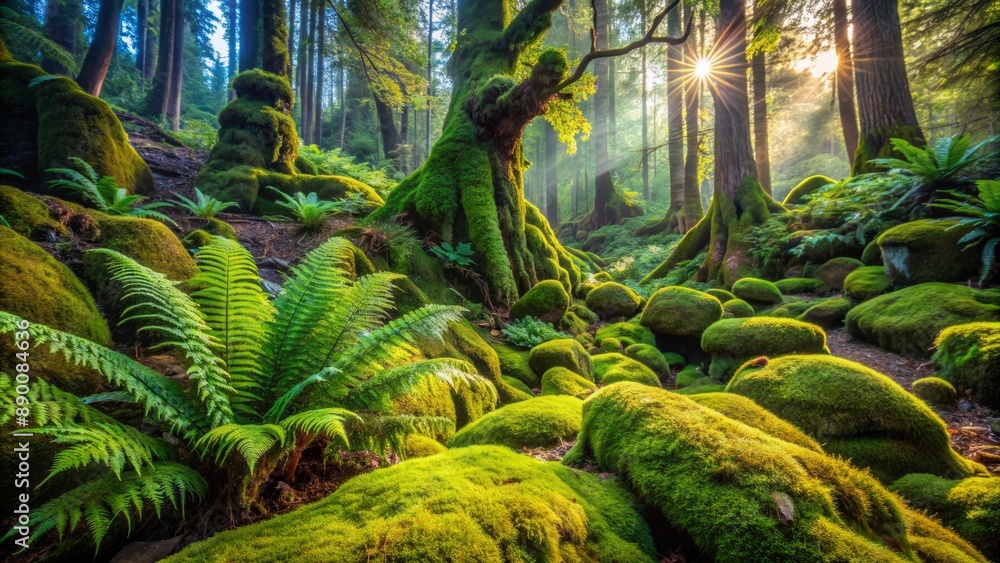 Φωτογραφία Vibrant close-up view of lush greenery in an enchanting mossy wonderland, featuring moss-covered ferns, lichen, and trees creating a stunning natural tapestry on ancient rocks