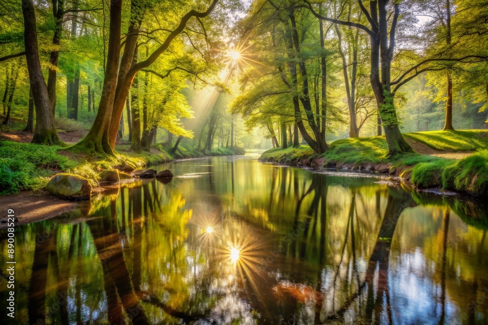 Enchanted woodlands. Serene capture of forest bathed in gentle morning sunlight reflecting in tranquil river ideal nature landscape and scenic collections Enchanted woodlands. Serene capture of forest bathed in gentle morning sunlight reflecting in tranquil river ideal nature landscape and scenic collections