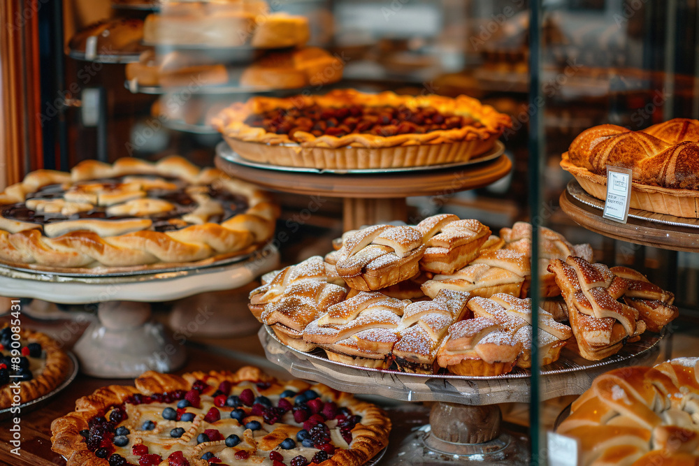 tasty pies, buns and cakes on the shelves in bakery shop tasty pies, buns and cakes on the shelves in bakery shop
