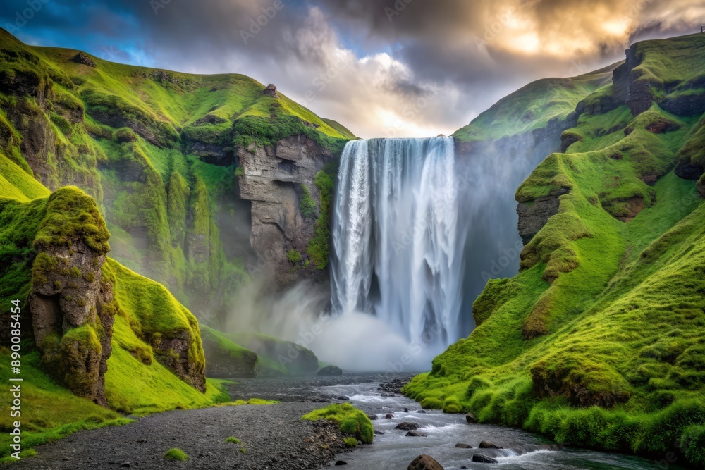 Fototapeta premium Majestic Skogafoss waterfall cascades down moss-covered rocky cliffs, surrounded by lush greenery and misty veil, in serene Iceland's natural landscape.