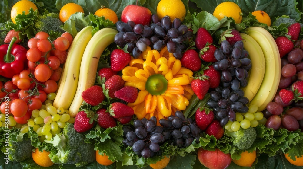 Vibrant Assortment of Fresh Fruits and Vegetables Arranged in a Colorful Display Vibrant Assortment of Fresh Fruits and Vegetables Arranged in a Colorful Display
