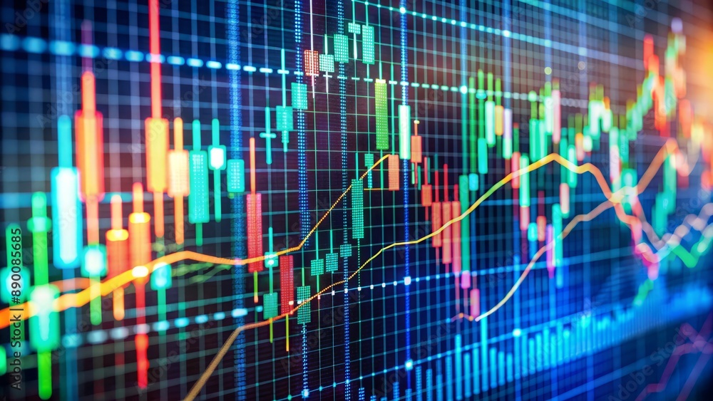 A close-up of a dynamic digital display shows a colorful stock market chart with fluctuating lines and bars revealing real-time financial data patterns and trends. A close-up of a dynamic digital display shows a colorful stock market chart with fluctuating lines and bars revealing real-time financial data patterns and trends.