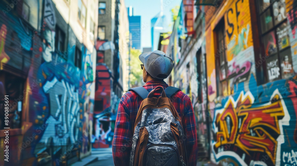 A photographer exploring an urban environment, capturing street art and architecture A photographer exploring an urban environment, capturing street art and architecture