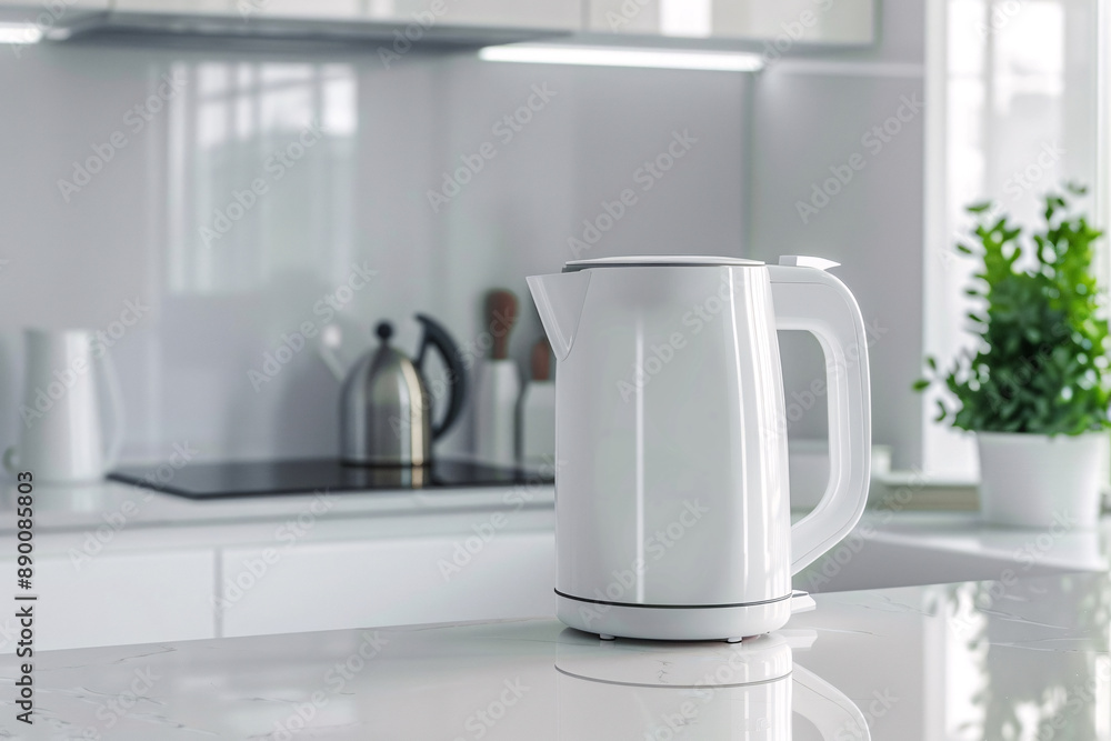 white electric kettle on the table in the bright modern kitchen white electric kettle on the table in the bright modern kitchen