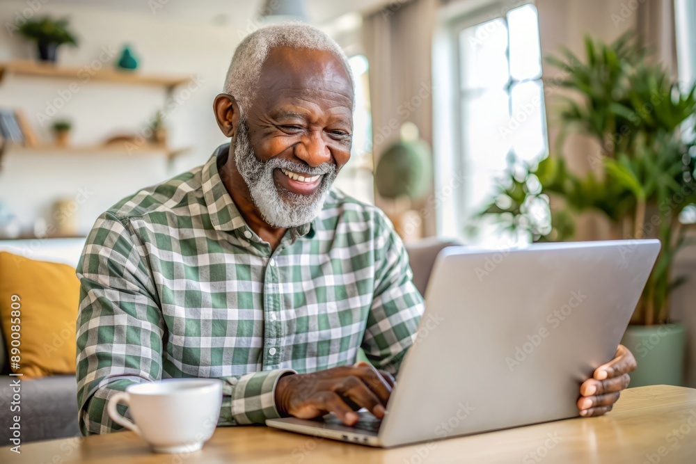Happy african american elderly man using laptop at home, smiling black man looking at laptop browsing internet. Happy african american elderly man using laptop at home, smiling black man looking at laptop browsing internet.