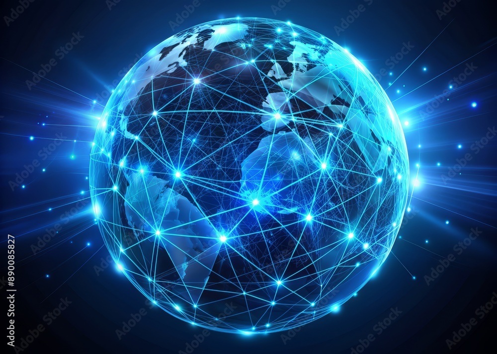 A futuristic globe with glowing blue lines and nodes representing interconnected cities, symbolizing a unified global communication network and infinite business opportunities. A futuristic globe with glowing blue lines and nodes representing interconnected cities, symbolizing a unified global communication network and infinite business opportunities.