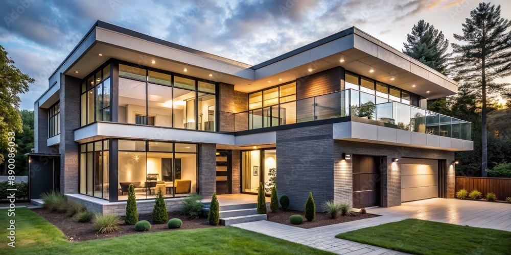 Fototapeta premium Modern house reconstruction features sleek lines, expansive windows, and bold accents, seamlessly merging innovative design with elegant proportions for a sophisticated architectural icon.