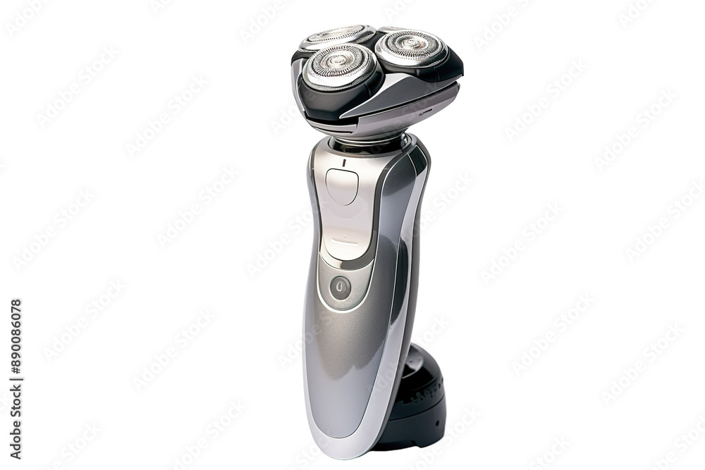 A Sleek, Silver Electric Razor With Four Rotating Blades Ready for a Close Shave on a Clear PNG or White Background. A Sleek, Silver Electric Razor With Four Rotating Blades Ready for a Close Shave on a Clear PNG or White Background.