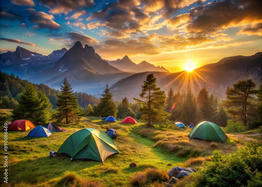 Obraz na plátně View of tent camping landscape with mountains