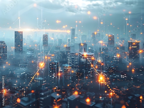 Illuminated Futuristic Cityscape with Interconnected Digital Networks Representing Advanced Business Technology