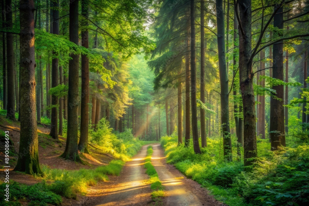Fototapeta premium Serene winding dirt path surrounded by lush greenery and tall trees stretches into the distance in a peaceful and mystical forest atmosphere.