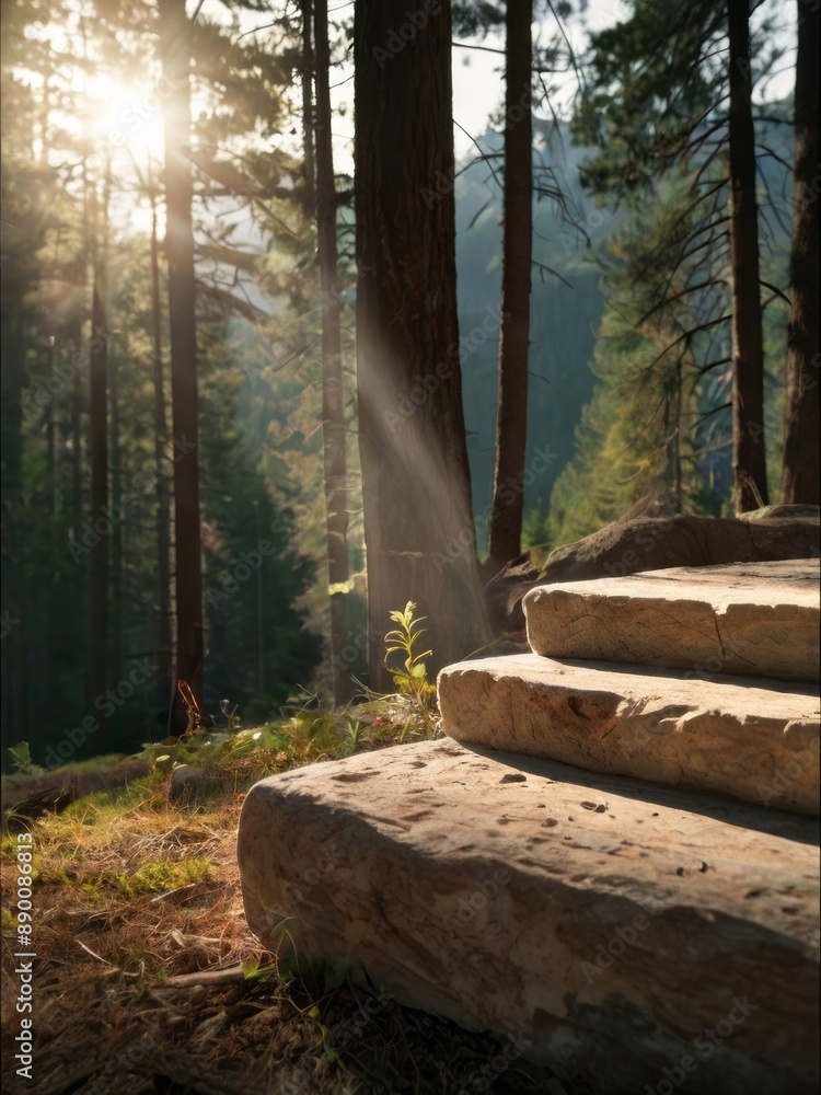 Product empty podium with mountain forest view on a sunny day Product empty podium with mountain forest view on a sunny day