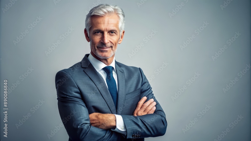 Confident senior executive's empty space portrait, conveying success and satisfaction, with subtle grey hair and crossed arms, against a neutral background. Confident senior executive's empty space portrait, conveying success and satisfaction, with subtle grey hair and crossed arms, against a neutral background.