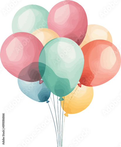 Watercolor Balloons Birthday Vector Illustration.