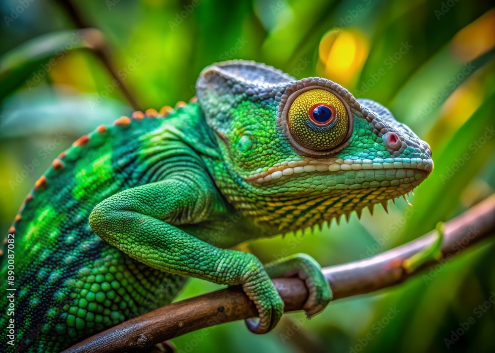 Vibrant green chameleon clinging to curved branch, its eyes scanning surroundings, its scaly skin blending with leafy foliage in natural, serene forest setting. Vibrant green chameleon clinging to curved branch, its eyes scanning surroundings, its scaly skin blending with leafy foliage in natural, serene forest setting.