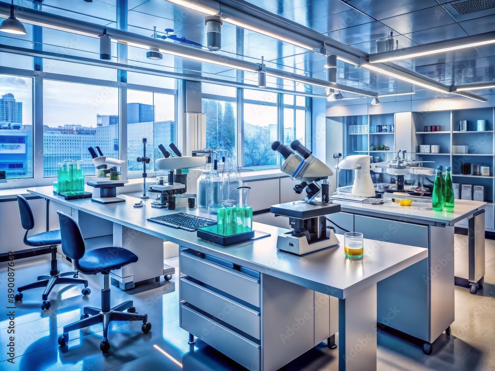 Modern medical science laboratory with advanced technology equipment, microscopes, petri dishes, and beakers, showcasing cutting-edge chemistry lap experiments for hospital research development. Modern medical science laboratory with advanced technology equipment, microscopes, petri dishes, and beakers, showcasing cutting-edge chemistry lap experiments for hospital research development.