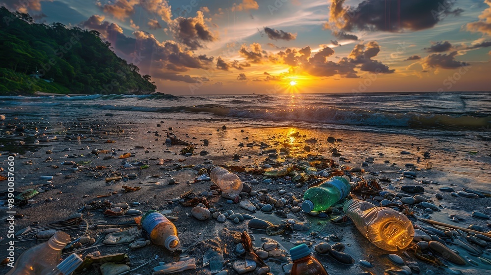 Polluted Beach at Sunset with Plastic Bottles and Debris Scattered Along the Shoreline Polluted Beach at Sunset with Plastic Bottles and Debris Scattered Along the Shoreline