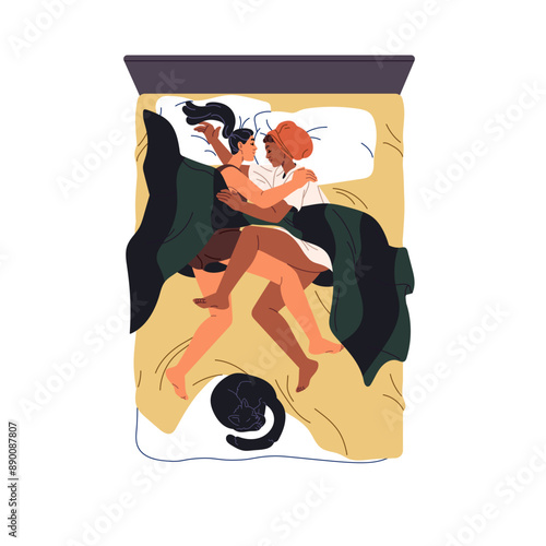 LGBT couple and cat sleep together top view. People hug during rest in bed at night. Lesbians embrace while napping. Asleep girls in pajamas on pillows. Flat isolated vector illustration on white