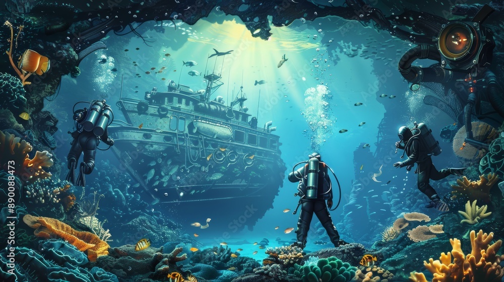 Underwater Exploration of a Sunken Shipwreck with Scuba Divers and Marine Life in a Vibrant Coral Reef Underwater Exploration of a Sunken Shipwreck with Scuba Divers and Marine Life in a Vibrant Coral Reef