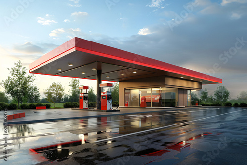 modern red gas station near the road with sky