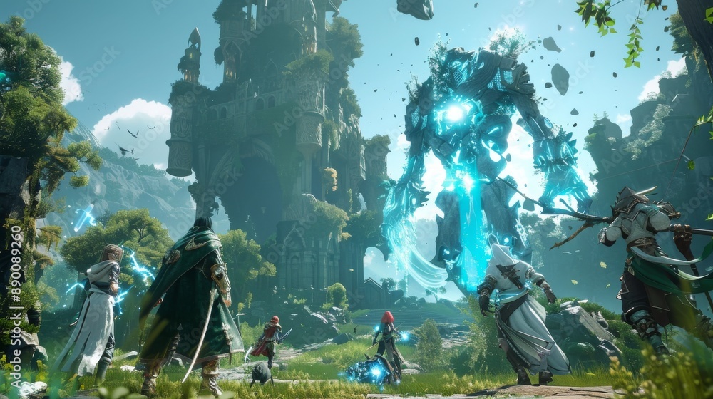 Epic Fantasy Battle Scene with Warriors and a Giant Magical Creature in a Mystical Forest Epic Fantasy Battle Scene with Warriors and a Giant Magical Creature in a Mystical Forest