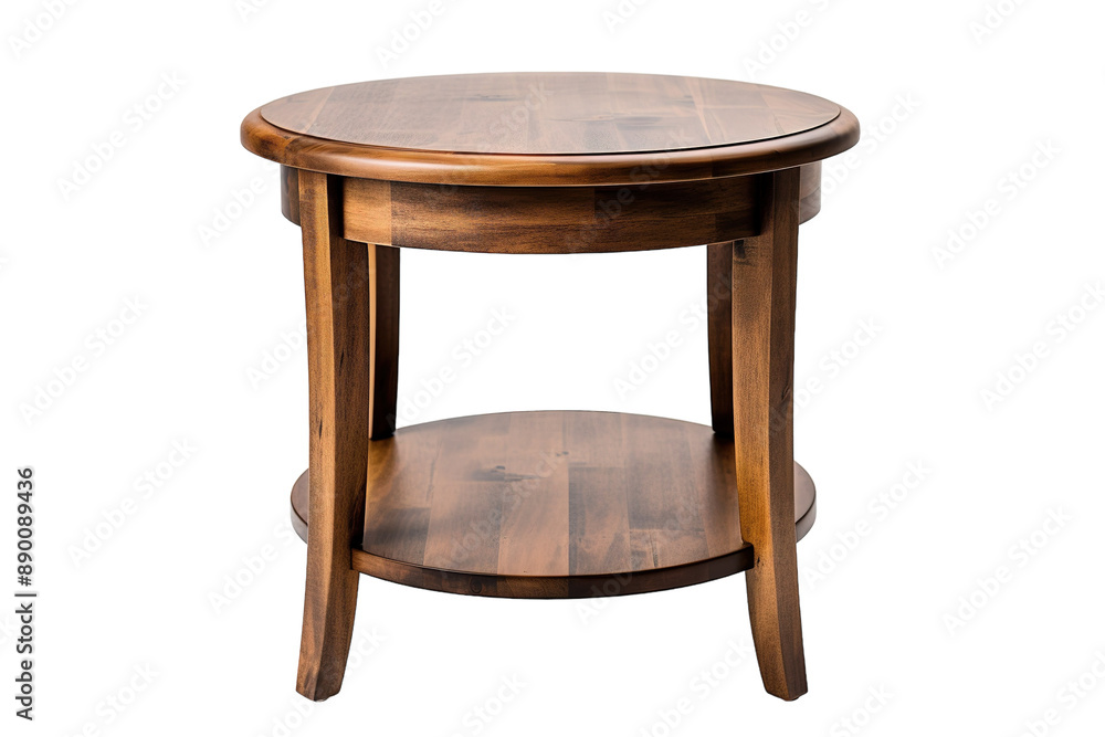 A Rustic Round End Table With a Warm Brown Finish and a Lower Shelf on a Clear PNG or White Background. A Rustic Round End Table With a Warm Brown Finish and a Lower Shelf on a Clear PNG or White Background.