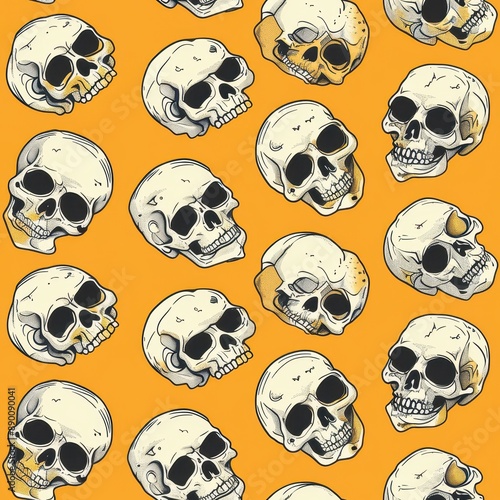 skulls on an orange background. Seamless pattern