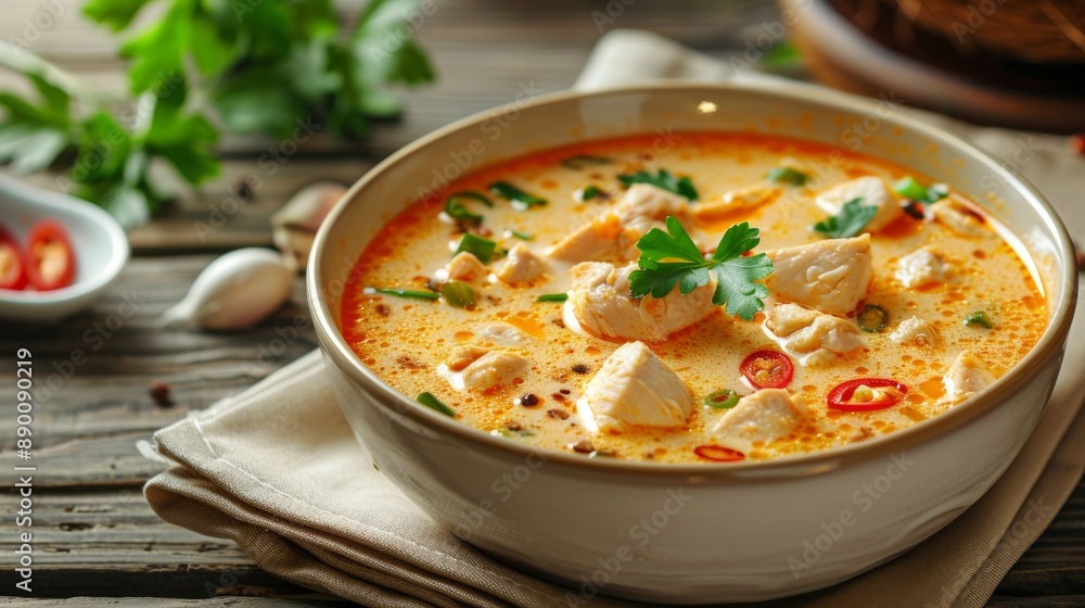 The national cuisine of Thailand. Spicy soup with chicken, coconut milk and galangal root. The national cuisine of Thailand. Spicy soup with chicken, coconut milk and galangal root.