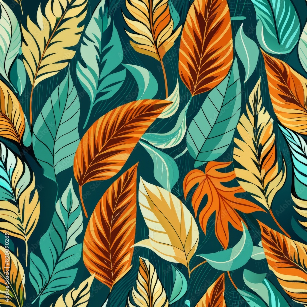 Fototapeta premium seamless pattern of tropical leaf ogee shapes in a tropical color palette of greens and oranges, Generative AI