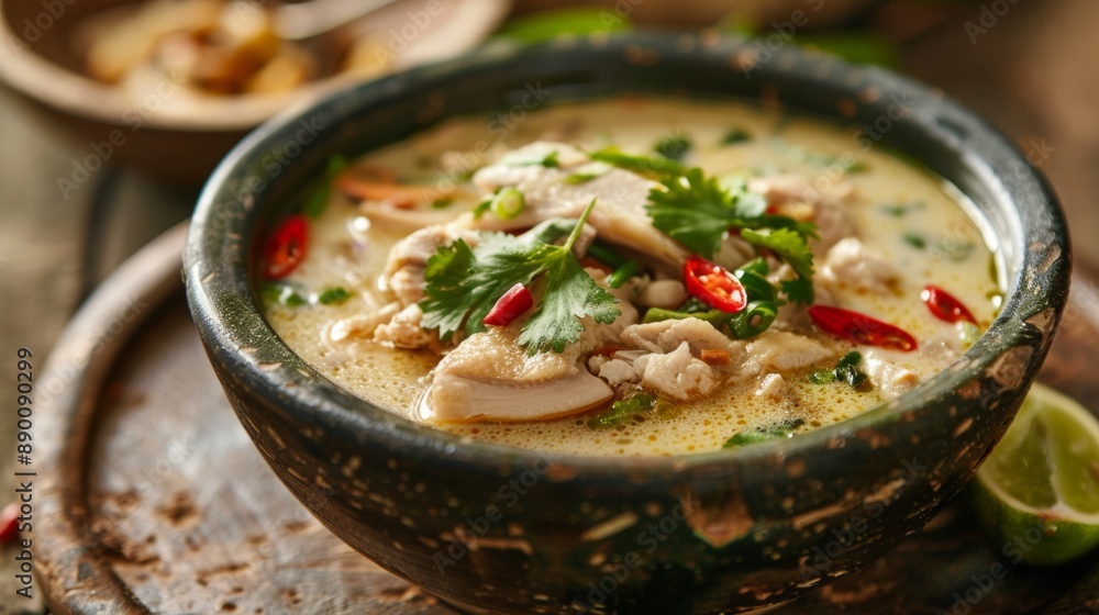 The national cuisine of Thailand. Spicy soup with chicken, coconut milk and galangal root. The national cuisine of Thailand. Spicy soup with chicken, coconut milk and galangal root.