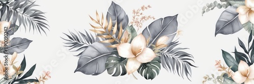 Elegant floral arrangement featuring delicate flowers and tropical leaves on a white background. Perfect for nature-inspired designs and decor.