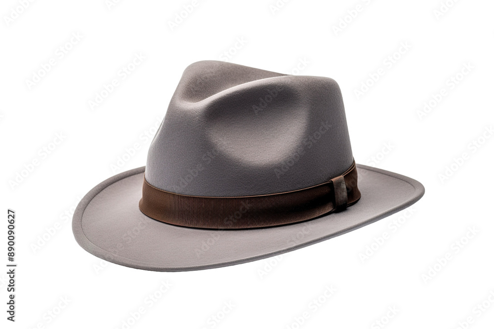A Grey Fedora Hat With a Brown Band, Ready for an Adventure on a Clear PNG or White Background. A Grey Fedora Hat With a Brown Band, Ready for an Adventure on a Clear PNG or White Background.