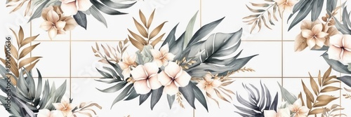 Elegant floral arrangement featuring delicate flowers and tropical leaves on a white background. Perfect for nature-inspired designs and decor.