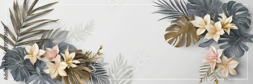 Elegant floral arrangement featuring delicate flowers and tropical leaves on a white background. Perfect for nature-inspired designs and decor.