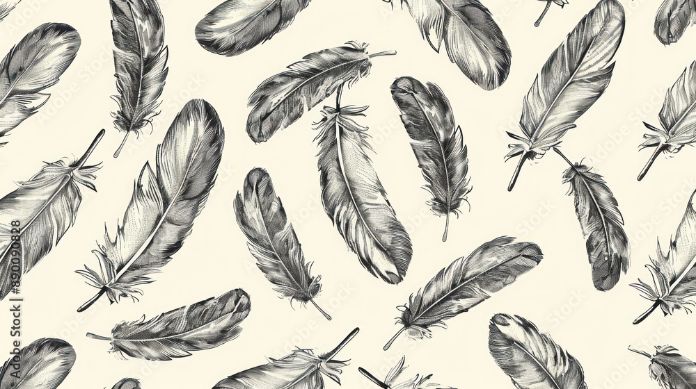 Seamless pattern background showcasing a collection of hand-drawn feathers arranged in a slightly randomized manner, with varying sizes and angles. Seamless pattern background showcasing a collection of hand-drawn feathers arranged in a slightly randomized manner, with varying sizes and angles.